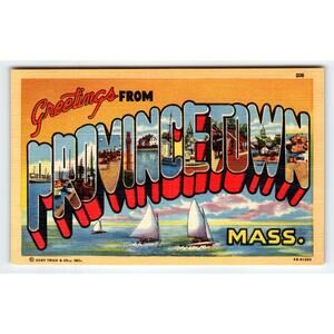 Vintage 1950 Greetings from Provincetown Massachusetts Linen Postcard Large